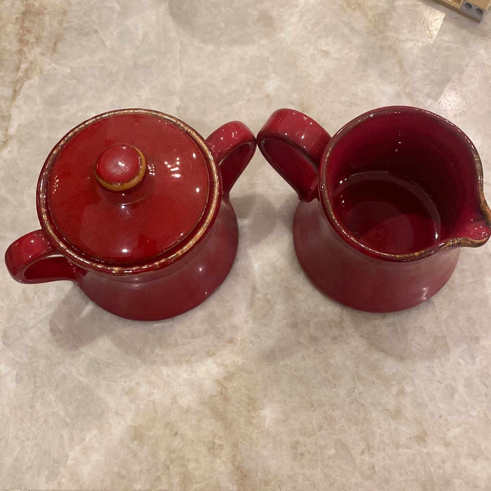 Vietri Rosso Vecchio. cream/sugar set. Red. Handmade in Italy